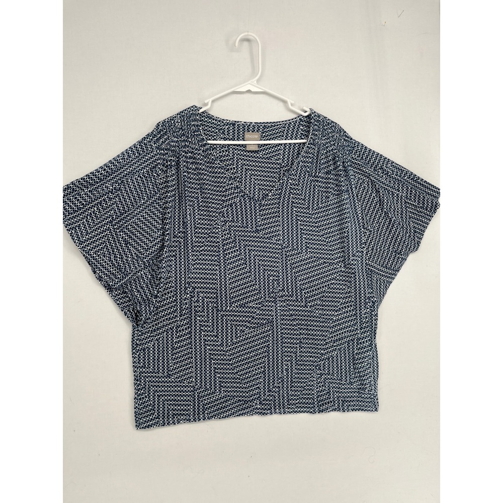 Chicos Top XL Size 3 Navy Blue White Geometric Print V-Neck Dolman Sleeve Blouse